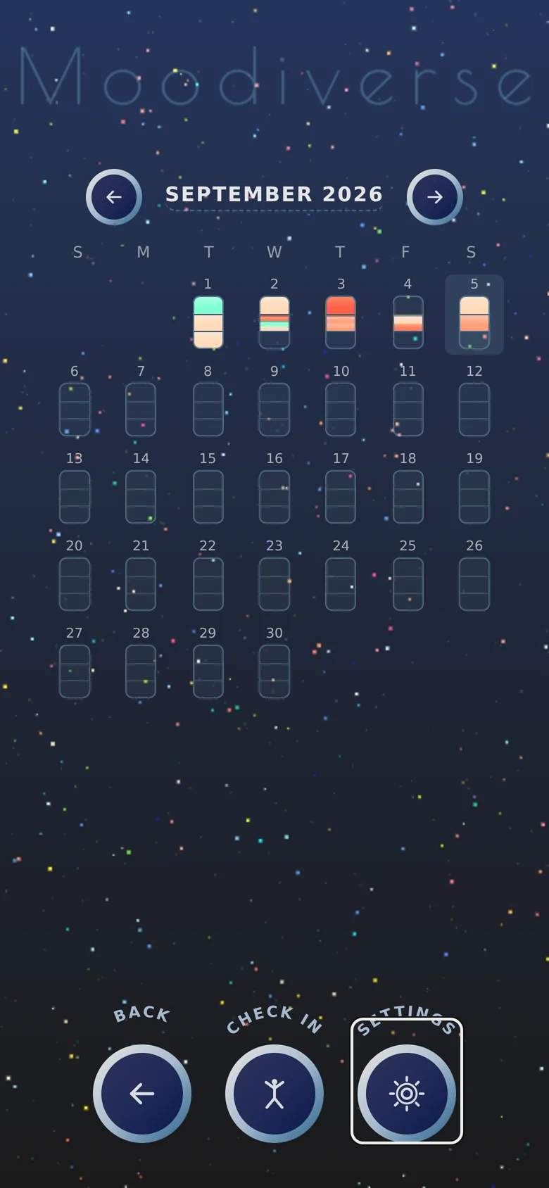 A month calendar where each day is a small cylinder banded with the colours of that day’s check-ins