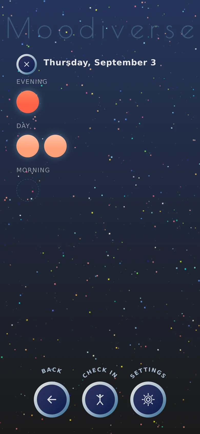 A single day opened to show its morning, day and evening check-ins as coloured orbs